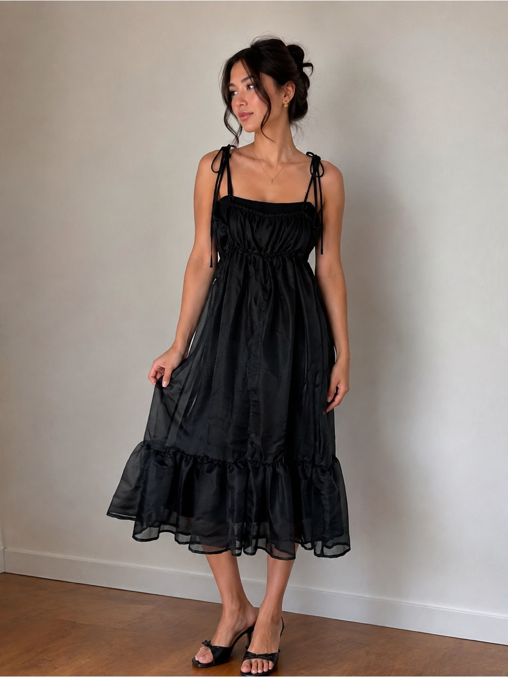 wild fable Black Tie-Shoulder Ruffled Midi Dress